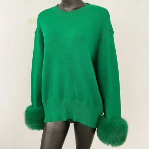 European American 2025 New Autumn Winter Knitted Sweater O-neck Loose Solid Color Sweater Detachable Real Fox Fur Cuff Sweater - AliExpress Sweaters&Jumpers