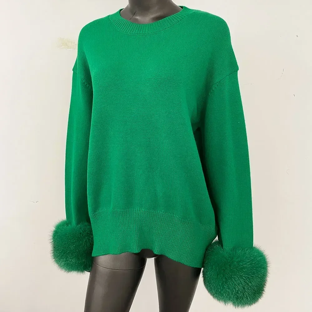 European American 2025 New Autumn Winter Knitted Sweater O-neck Loose Solid Color Sweater Detachable Real Fox Fur Cuff Sweater - AliExpress Sweaters&Jumpers