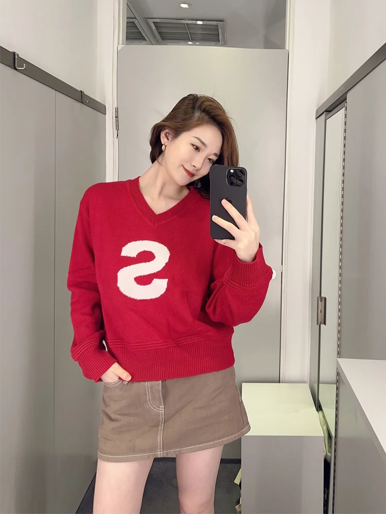 Winter 2024 Women's Faion College Sle V-Ne Color Blo Letter Wool Knitwear Slimming Top Trendy Long Sve Crew Ne - AliExpress Sweaters&Jumpers