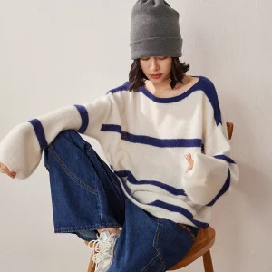 Autumn and Winter Women's off-Neck Cashmere Sweater Knitted Long Sleeve Sweater Loose Color Matching Striped Innerwear Pullover - AliExpress Sweaters&Jumpers