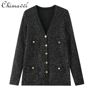 Autumn Winter New French Fashion Socialite V-Neck Gold Thread Sequin Lace Pocket Sweater Women's High-End OL Mid-Length Cardigan - AliExpress Sweaters&Jumpers