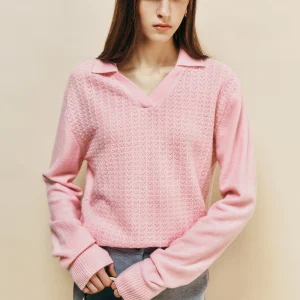 Pink Dr 00% Wool Long Sve V-Ne Knitted Sweater Hollow out Crochet Top French Sle Loose Fit Skin-friendly Breathable - AliExpress Sweaters&Jumpers
