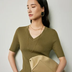 wei Premium Spun Ultrine Wool ort Sve V-Ne Knitted T-irt Women's mat Sle Base Layer Ribbed Knitwear - AliExpress Sweaters&Jumpers