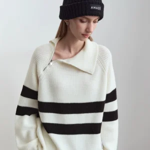 Amii Turtleneck Sweater for Woman Loose Zippers Pullover 2025 Winter New Long Sleeve Striped Knit Versatile Top Women 12444213 - AliExpress Sweaters&Jumpers