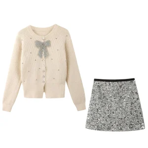 Rhinestone Design Knit Sweater Short Skirt Womens Two Piece Set Round Neck Loose Fit Long Sleeve Top Silver Sequin Mini Skirt - AliExpress Sweaters&Jumpers