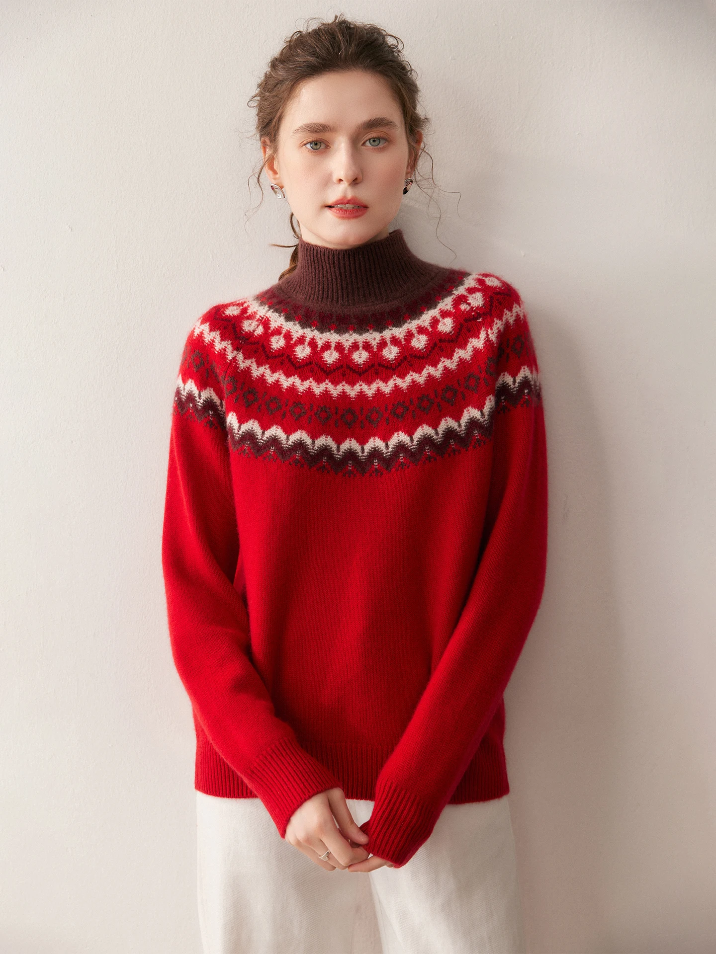 Thiened Camere Knitted Sweater Women's Red Floral Embroidery f High Collar Warm Base irt Sli Top Fair Island Wind - AliExpress Sweaters&Jumpers