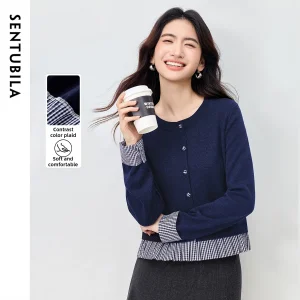 SENTUBILA Women's Mock Two Piece Cardigan 2026 Autumn O-Neck Contrast Splicing Plaid Sweater Commuter Casual Knit Top W54EB4066 - AliExpress Sweaters&Jumpers
