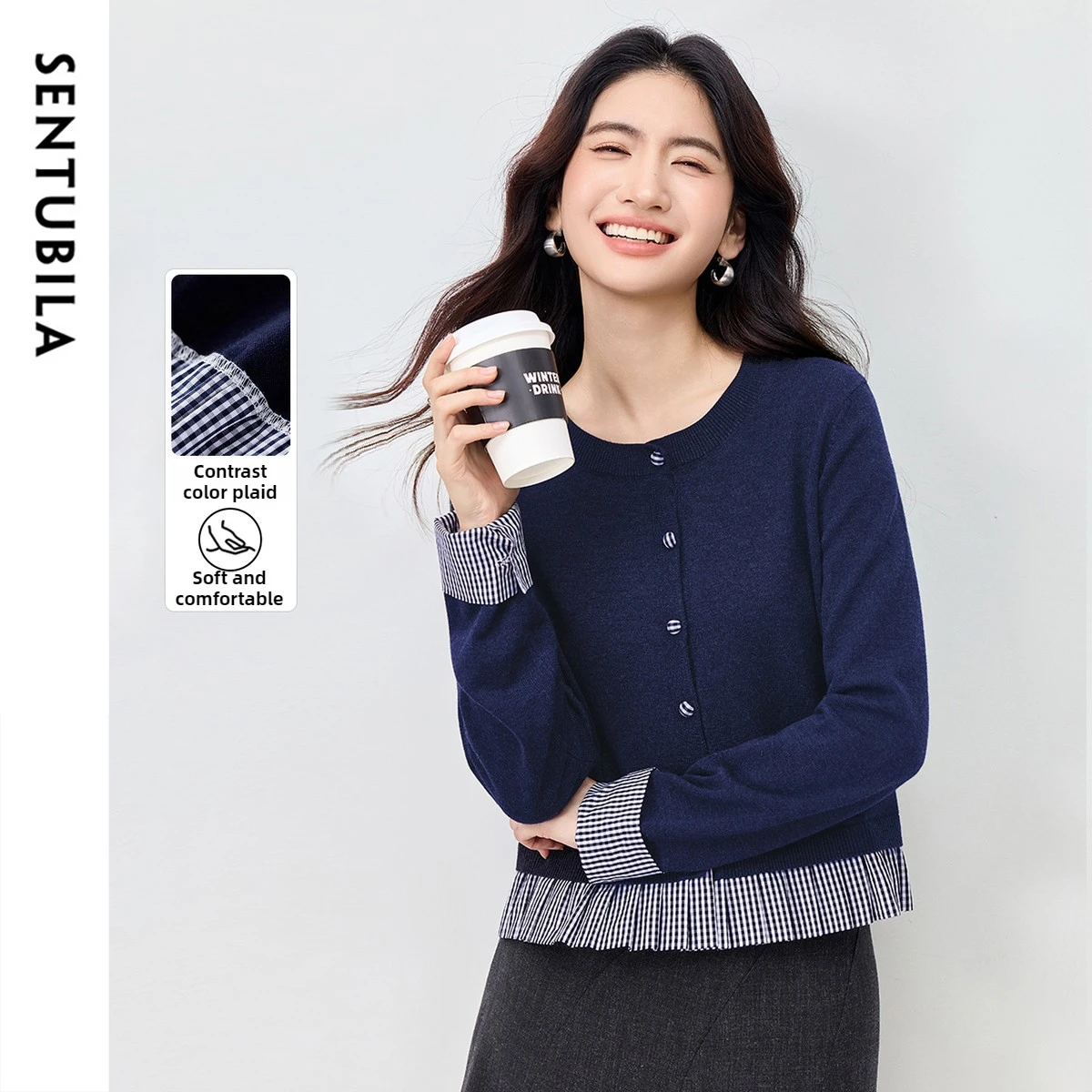 SENTUBILA Women's Mock Two Piece Cardigan 2026 Autumn O-Neck Contrast Splicing Plaid Sweater Commuter Casual Knit Top W54EB4066 - AliExpress Sweaters&Jumpers