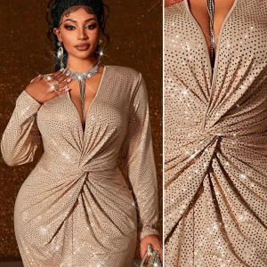 Plus Size Shiny Sequin Long Sleeve V-Neck Knit Dress with Twisted Waist, Elegant for Parties & Holidays - AliExpress Sweaters&Jumpers