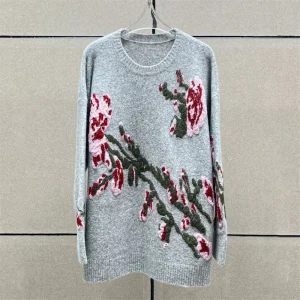 Women's sweater New elastic knitted round neck pullover for summer 2025 Rose embroidered long sleeved shirt Wool blend knitwear - AliExpress Sweaters&Jumpers
