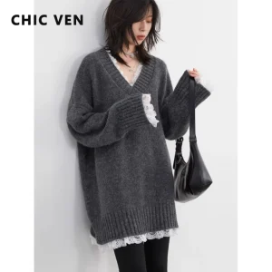 CHIC VEN Korean Women Knitted Sweater Loose Casual V-neck Pullovers Lace Patchwork Ladies Mid Length Jumpers  Autumn Winter 2024 - AliExpress Sweaters&Jumpers
