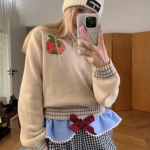 French Sle Knitted Sweater Embroidered ato Pattern Color Blo Striped  Wool Blend Overhead Knitwear for Girls - AliExpress Sweaters&Jumpers