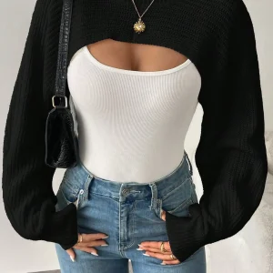 Black Cutout Ribbed Knit Pullover Sweater with Long Sleeves for Women - AliExpress Sweaters&Jumpers