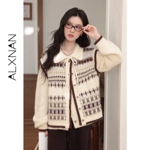 ALXNAN Fair Isle Knit Cardigan Women Vintage Lapel Fake Two-piece Sweater Casual Wooden Floral Buttons Long Sleeve Tops L60816 - AliExpress Sweaters&Jumpers