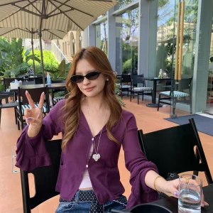Bluetique Grape Purple Lace Sleeve Knitted Cardigan Casual Style Slim Fit Long Sleeve Regular Length Button up Women's Sweater - AliExpress Sweaters&Jumpers