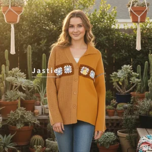 Cute Duck Patch Knit Cardigan Two-Tone Tan Design V-Neck Button Crochet Flower Decor Long Sleeve Autumn/Winter Women's Sweater - AliExpress Sweaters&Jumpers