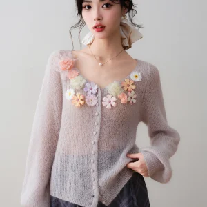 Ronron French Sle Knitted Cardigan Wool Blend Long Sve V-Ne Plant Floral Decoration Soft Gentle Women's Autumn New Design - AliExpress Sweaters&Jumpers