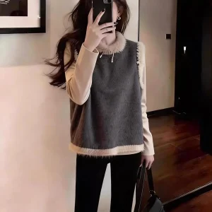 Spring 2026 Commuter Sle Furry Patchwork round Ne Knitted Sweater Loose Long Sve Warm Vest ay Color Women's Faion - AliExpress Sweaters&Jumpers