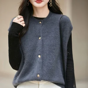 Women's 100% wool vest solid color knitted cardigan sleeveless sweater short loose autumn and winter women's new O-neck vest - AliExpress Sweaters&Jumpers