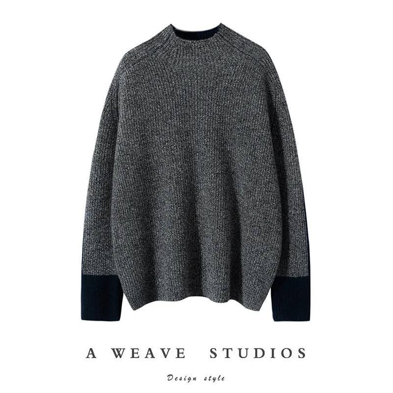 Winter Women's 100% Cashmere Sweater Casual Color blocked Knitted Hoodie Bottom Sweater Loose Half High Neck Tops Thick Jumper - AliExpress Sweaters&Jumpers