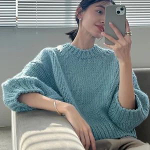 Autumn Winter Short Sleeve Wool Knitted Sweater Bubble Sleeve Casual Vintage round Neck Loose Fit Women's Sweet Style Top - AliExpress Sweaters&Jumpers