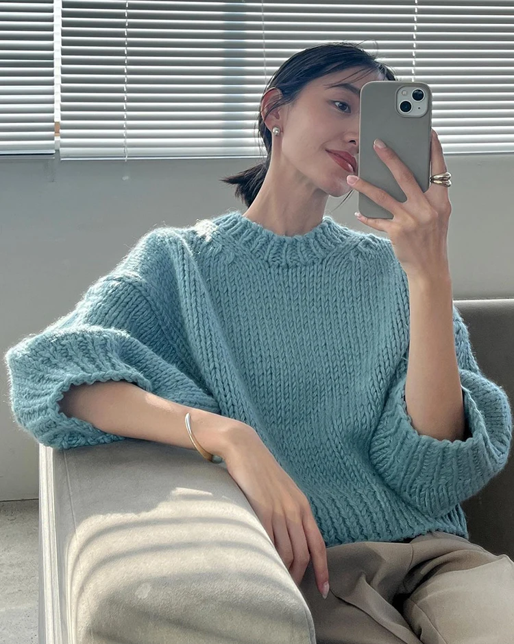 Autumn Winter Short Sleeve Wool Knitted Sweater Bubble Sleeve Casual Vintage round Neck Loose Fit Women's Sweet Style Top - AliExpress Sweaters&Jumpers