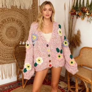 Pink Handmade Crochet Knitted Cardiganr Women Winter Long Sleeve V-neck 3d Floral Bohemian Sweet Knit Cardigan Sweater - AliExpress Sweaters&Jumpers