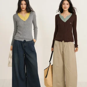 Slimming V-Ne Knitted Long Sve Fake Two-Piece Color Blo Women's Top Soft Nylon Blend Comfortable Fit Casual Faion - AliExpress Sweaters&Jumpers