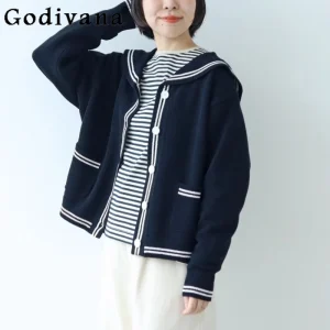 Japanese Style Fashion Sweet Knit Cardigan for Women Spring Autumn 2025 Lady Daily Loose Slim Navy Collar Knitted Jacket Tops - AliExpress Sweaters&Jumpers