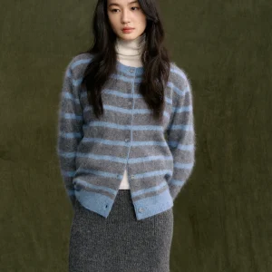 Jicouture Women's Pure Wool Open Cardigan Loose Fit Winter Warm Knitted Top Blue ey Stripes Casual Sle Inner Wear - AliExpress Sweaters&Jumpers