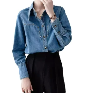 New European Style Vintage Denim Shirt Women, Spring and Autumn French Loose-Fit Versatile Long-Sleeve Top for Women - AliExpress Sweaters&Jumpers
