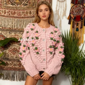 Pink Bohemian Floral Handmade Sweater Women 2026 Autumn/Winter Long Sleeve Button O-Neck Knitted Cardigan Casual Sweater Jacket - AliExpress Sweaters&Jumpers