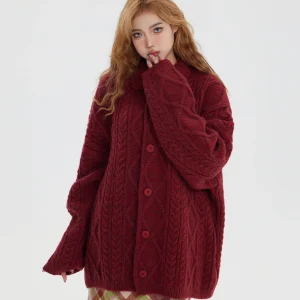 2025 Autumn Winter New Vintage High-End Red Cable Knit Sweater Women Loose Casual Daily Mid-Length Knitted Cardigan - AliExpress Sweaters&Jumpers