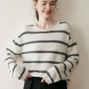 TLOML New Women's O-neck Pullover 100% Cashmere Sweater Striped Long Sleeve Pullover Autumn Winter Cashmere Knitwear Casual Tops - AliExpress Sweaters&Jumpers