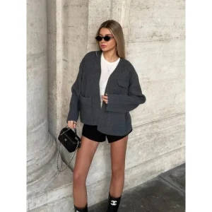 Casual Grey Kintted Cardigan Women Chic Solid V-neck Full Sleeve Pocket Loose Short Sweater Lady Daily Commute Office Cardigans - AliExpress Sweaters&Jumpers