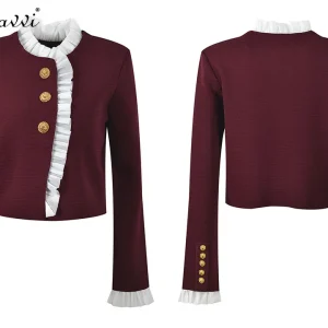 French Elegant Socialite Splicing Ruffles Neck Long Sleeve Gold Buckle Single-breasted Slim Short Knitted Cardigan Women Autumn - AliExpress Sweaters&Jumpers