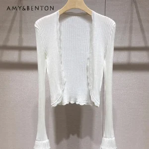 Korean Design White Lace Bell-sleeve Knitted Women's Cardigan Jacket 2026 Spring Slim Versatile Air-conditioning Shirt Ladies - AliExpress Sweaters&Jumpers