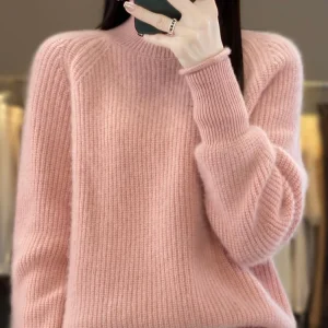 Autumn Winter Edge Curl Mock Neck Stripe Long Sleeve Solid Color Thickening Pullover Merino Wool Knit Women's Sweater Keep Warm - AliExpress Sweaters&Jumpers