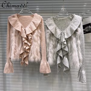 French Style Fashion Socialite Pullover Ruffled V-Neck Long Sleeve Fox Fur Spliced Knitted Sweaters Women Winter Knitwear Tops - AliExpress Sweaters&Jumpers