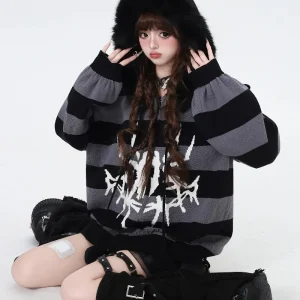 Original Punk Striped Loose Versatile Lantern Sleeve Hooded Coats for Women Fashion Casual Loose Cardigan Sweater Autumn Winter - AliExpress Sweaters&Jumpers