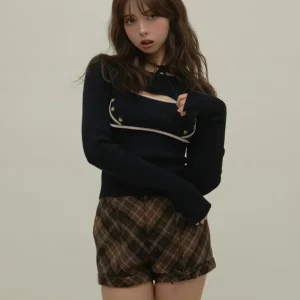 Black Contrast Sweater Japanese Autumn Winter Color-Block Tie Button Camisole Knitted Vest Long Sleeve Cover-Up Two-Piece Set - AliExpress Sweaters&Jumpers