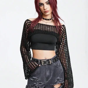 Black Hollow Out Off Shoulder Crochet Long Sleeve Crop Top for Gothic Streetwear - AliExpress Sweaters&Jumpers