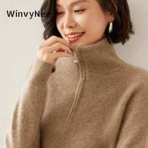 WinvyNee Women's Clothing Cashmere Wool Beige Sweater Half Zip Collar Loose Casual Pullovers Outerwear Plus Size Spring A1264056 - AliExpress Sweaters&Jumpers