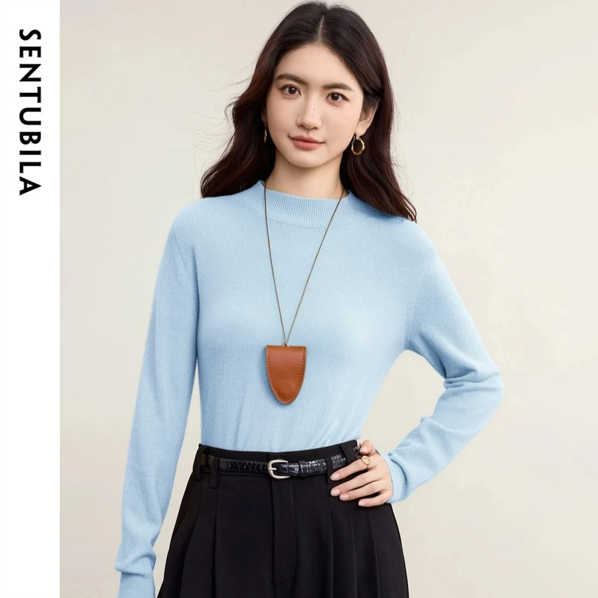 SENTUBILA Women's Cashmere Wool Pullover Sweater Autumn 2026 Seamless Soft Ribbed Semi Turtleneck Warm Knit Top W53EF2795 - AliExpress Sweaters&Jumpers