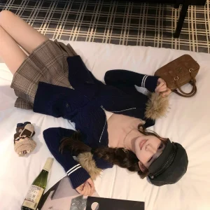 Nordic Wed American College Sle k Blue Knitted Open Cardigan Lazy Feel Fur Collar Jaet Women's Casual Faion - AliExpress Sweaters&Jumpers