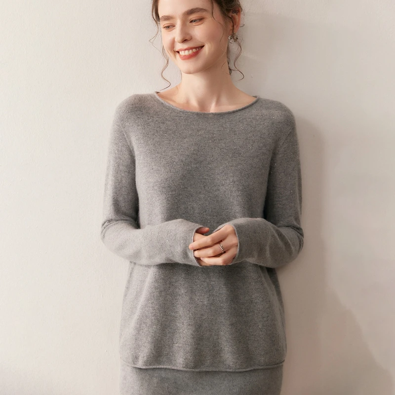 Women's 100% Pure Cashmere Pullover Glitter Sweater Loose Fit Casual Knitted Autumn/Winter Top with Curled Edge Collar Jumper - AliExpress Sweaters&Jumpers