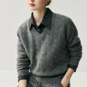 CHICUU Autumn Winter Women's 100% Cashmere Knitted Sweater V-neck Cable Knitting Pullover Preppy Style Cashmere Clothes Jumpers - AliExpress Sweaters&Jumpers