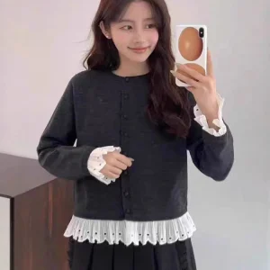 Sweet Sle Splicing Lace Trim Long Sve Knitted Cardigan Women's round Ne Open Front Coat Early Autumn New Korean Version - AliExpress Sweaters&Jumpers