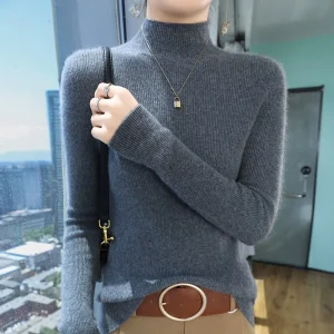 European high-end 100% pure cashmere sweater for women autumn and winter short slim draw strip knitted half high neck base - AliExpress Sweaters&Jumpers
