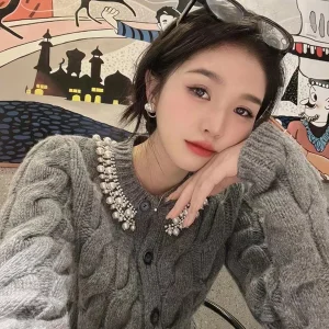 Knitted Open Cardigan Women's Faion Pearl Embellied Diamond Splicing Twist Cotton Blend Long Sve Sweater - AliExpress Sweaters&Jumpers